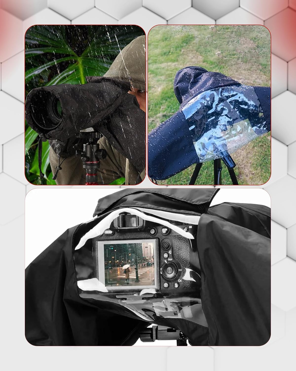 Camera with rain cover in various settings