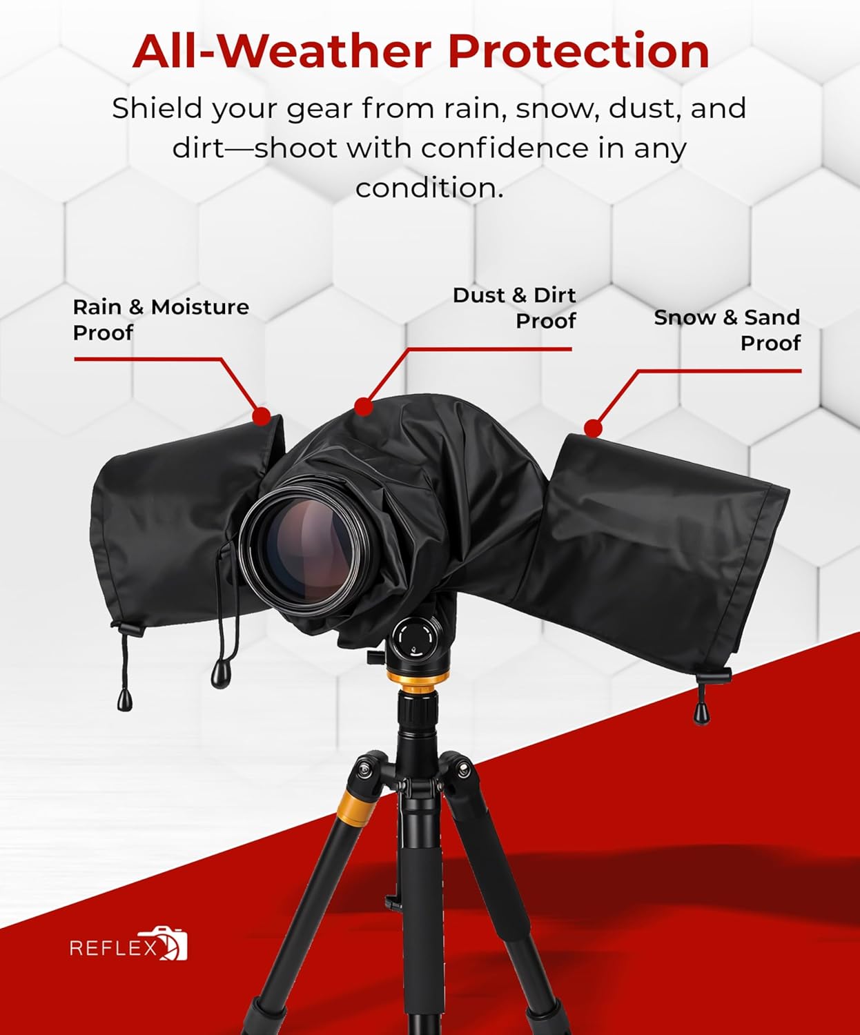 Camera with a rain cover on a tripod, featuring text about all-weather protection.