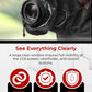 Camera with rain cover held by a person, featuring text and icons about camera features.
