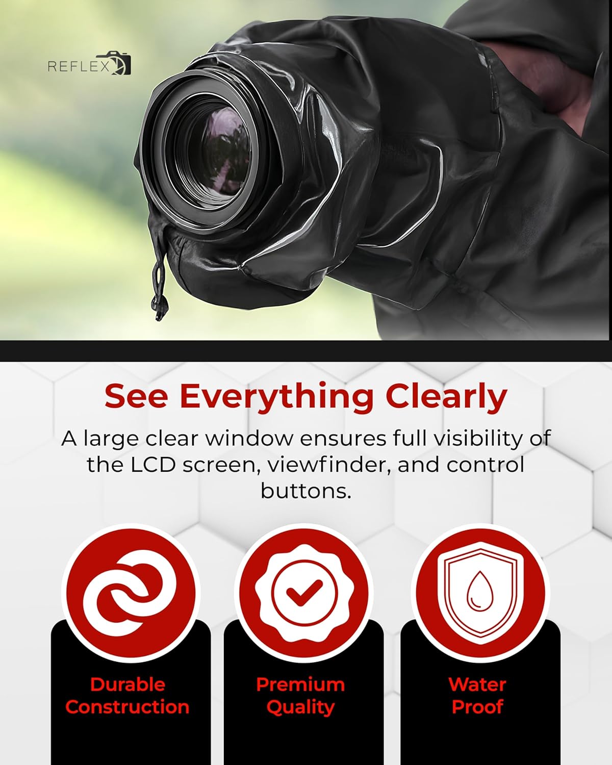 Camera with rain cover held by a person, featuring text and icons about camera features.