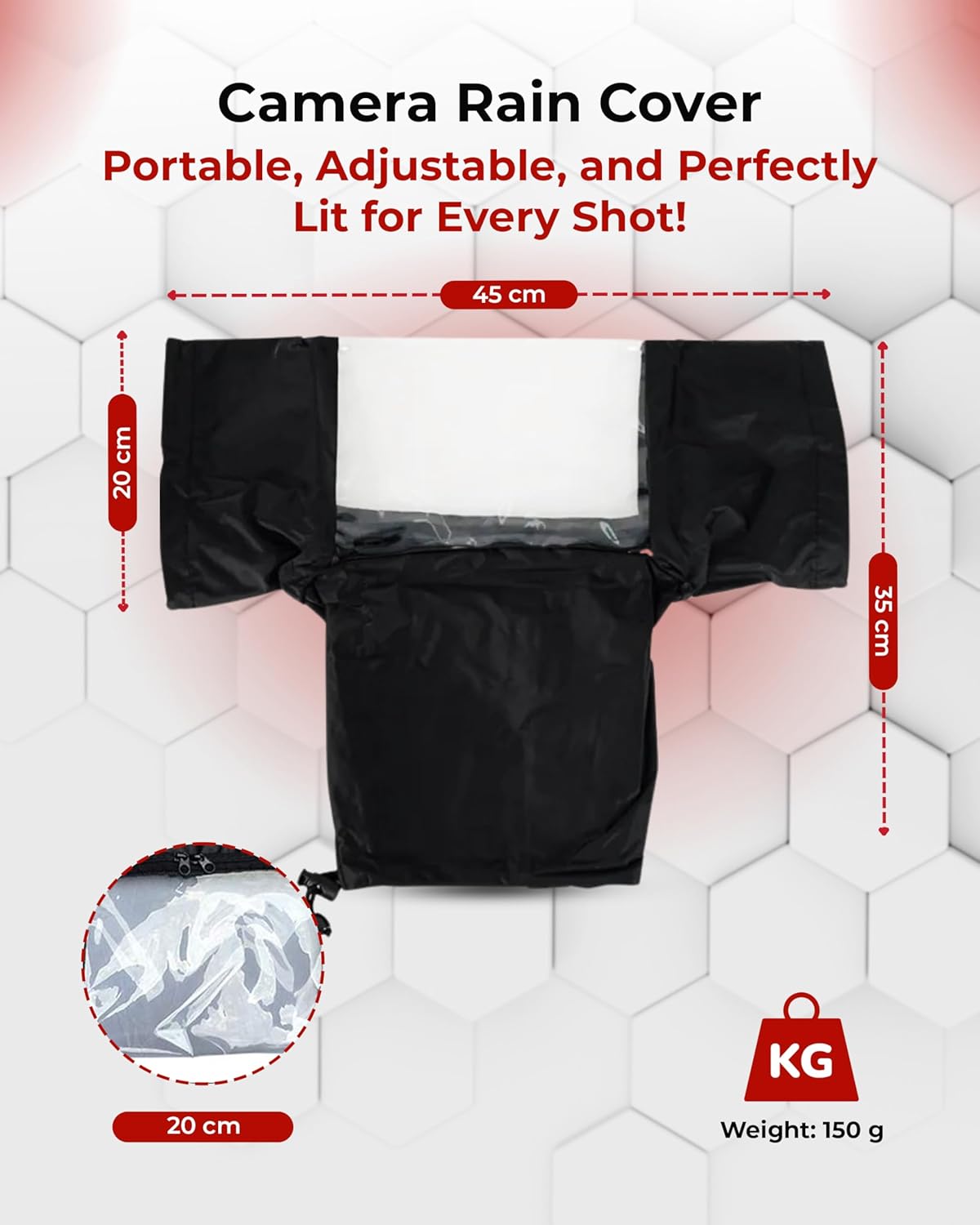 Camera rain cover with dimensions and weight information on a white background