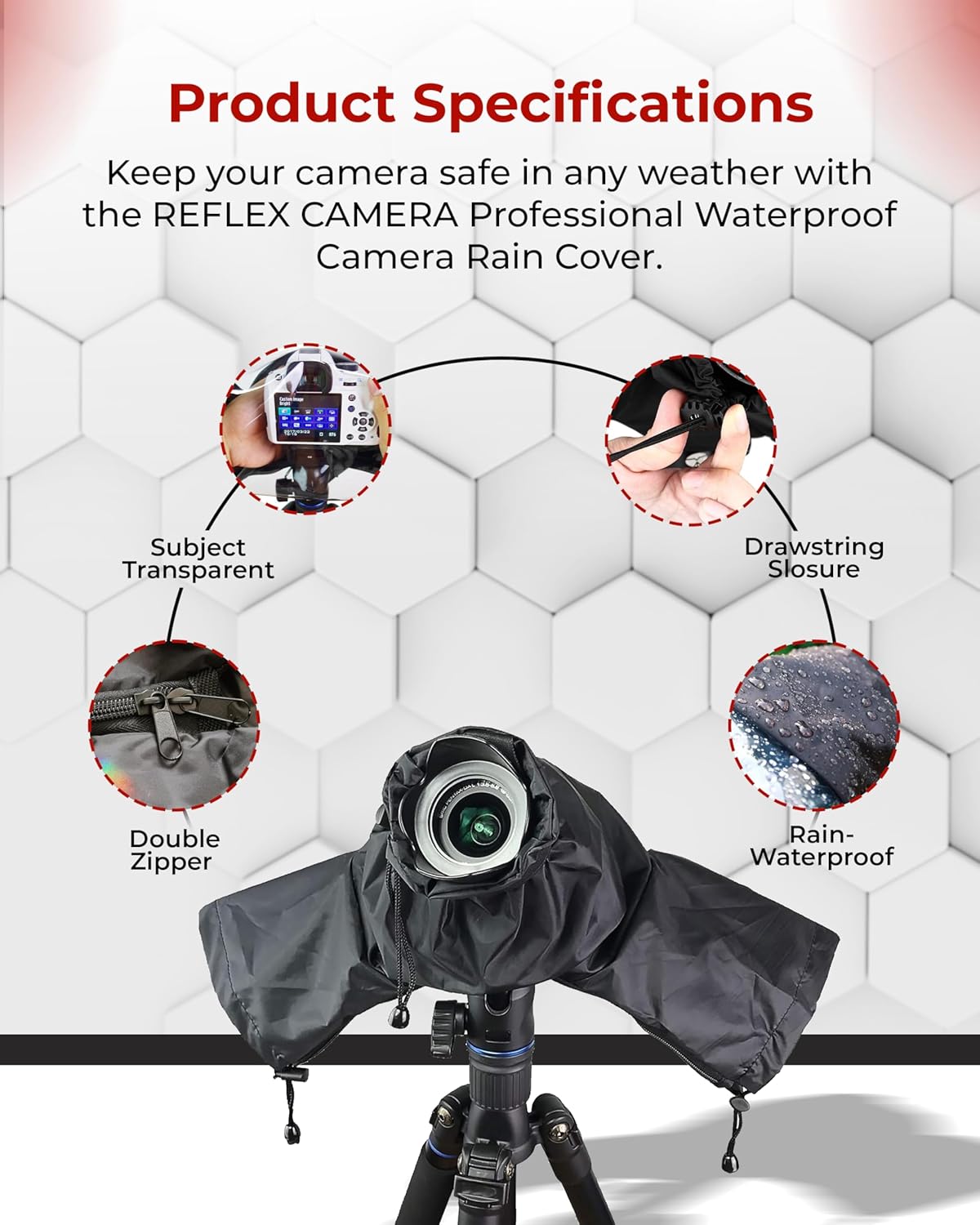 Camera rain cover with product specifications on a white background