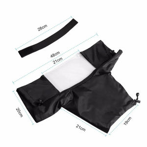Waterproof camera rain cover with clear window and measurement dimensions labeled in centimeters