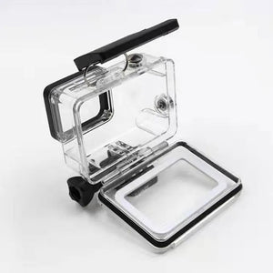 Open view of REFLEX CAMERA 45M waterproof housing case for GoPro Hero 5/6/7 Black, showing secure locking seal and clear polycarbonate design