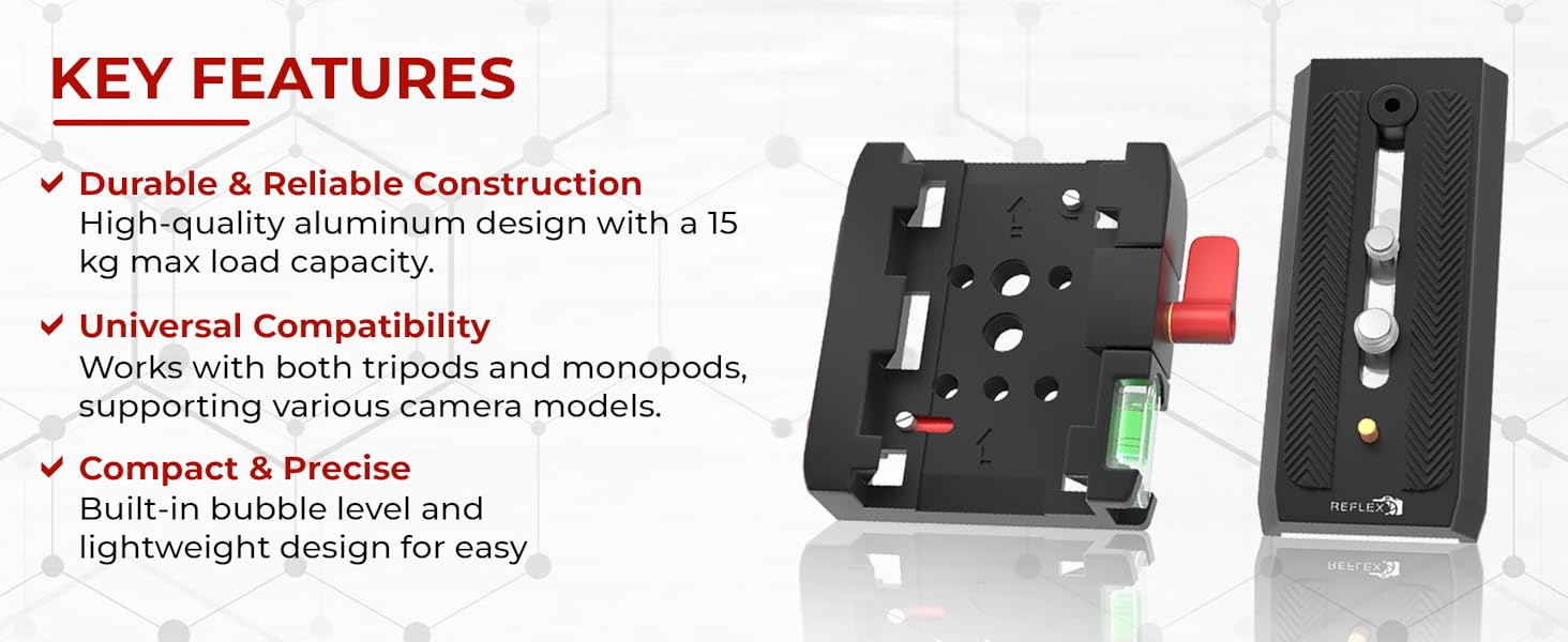 REFLEX CAMERA quick release plate with aluminum build, tripod compatibility, and bubble level shown alongside key features