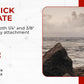 quick release plate with 1/4'' and 3/8'' screw support, 218g weight, shown in use by photographer on rocky coast