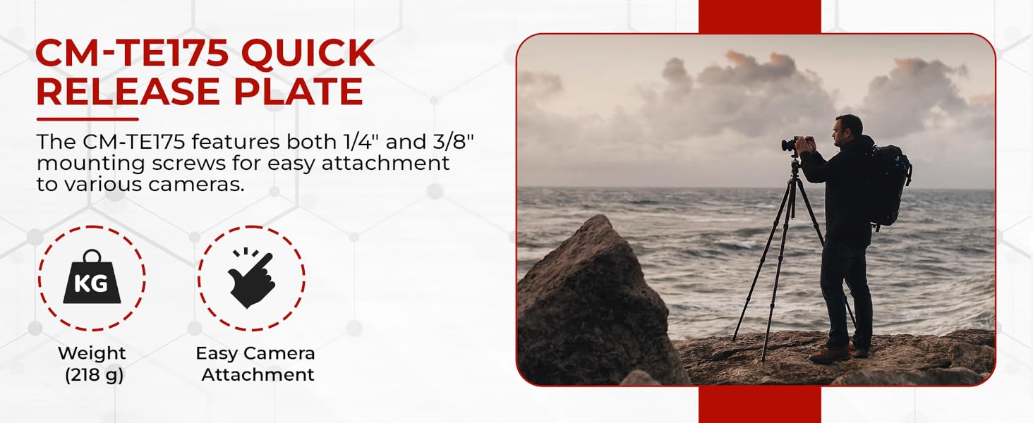 quick release plate with 1/4'' and 3/8'' screw support, 218g weight, shown in use by photographer on rocky coast