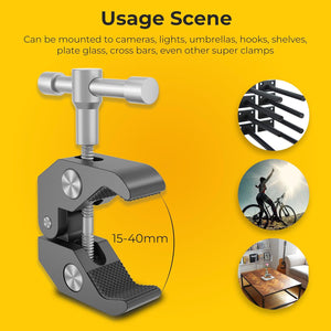 Clamp with usage scenarios on a yellow background