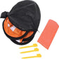 Drone landing pad partially open in storage bag with included yellow plastic stakes and orange reflective strips