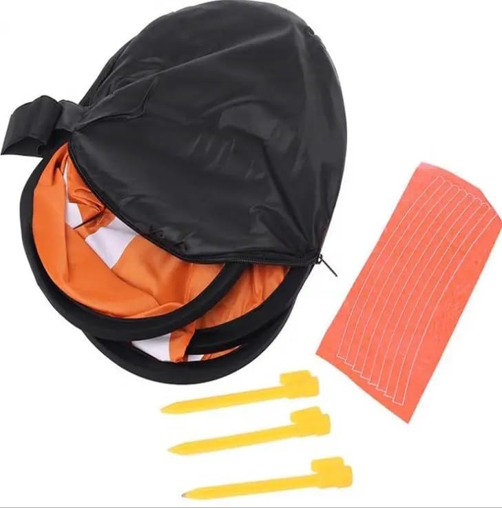 Drone landing pad partially open in storage bag with included yellow plastic stakes and orange reflective strips