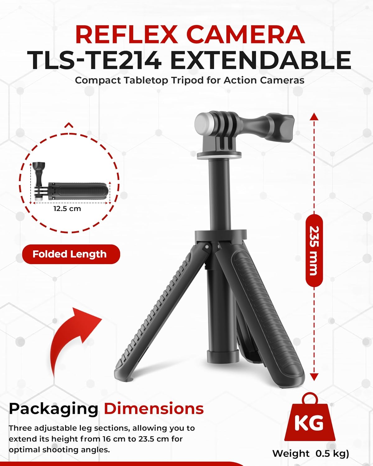 Product infographic highlighting Reflex TE214 tripod features like 360° rotation, silicone handle, and aluminum body