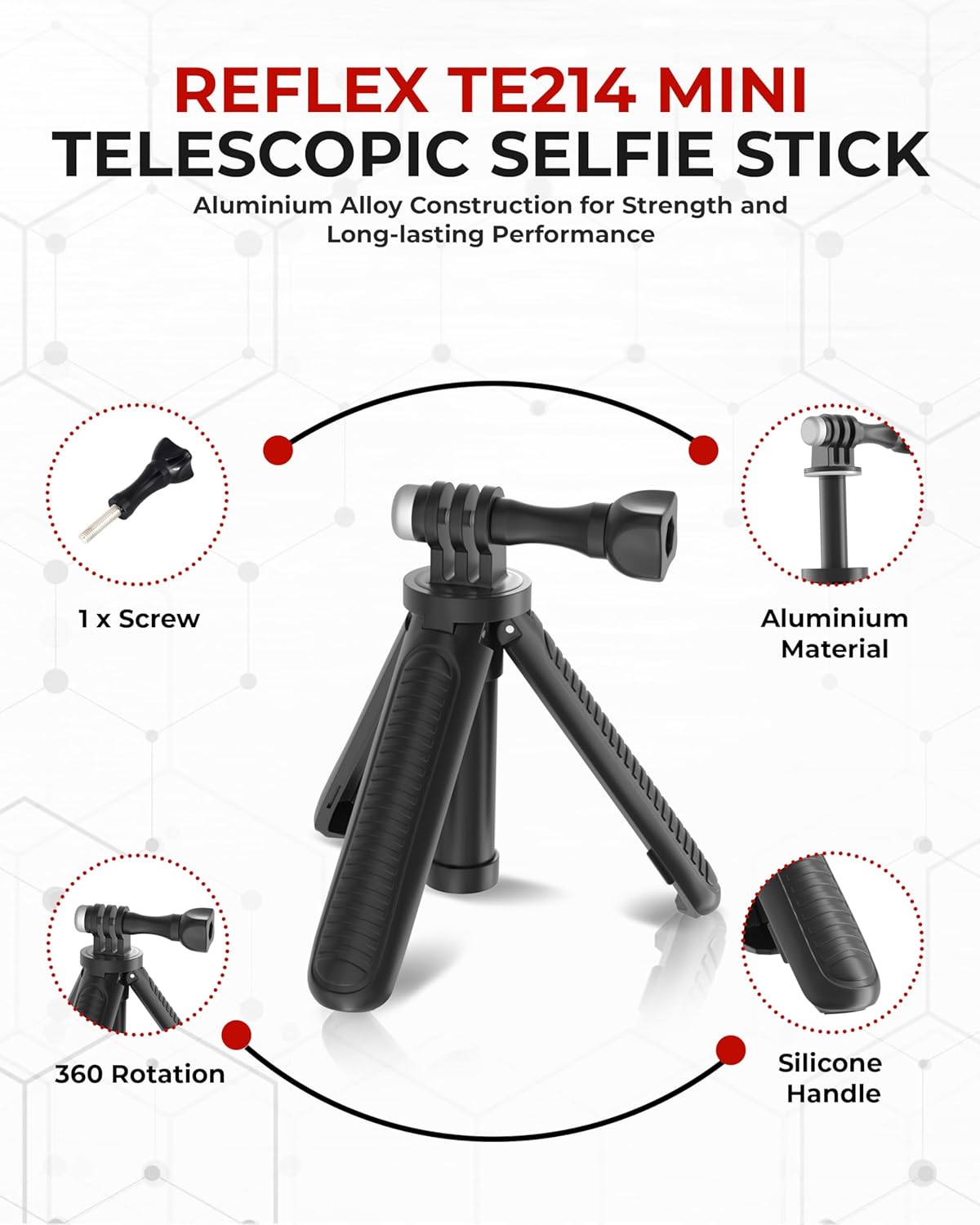 Infographic showing folded and extended dimensions of the Reflex Camera tripod with weight and measurements