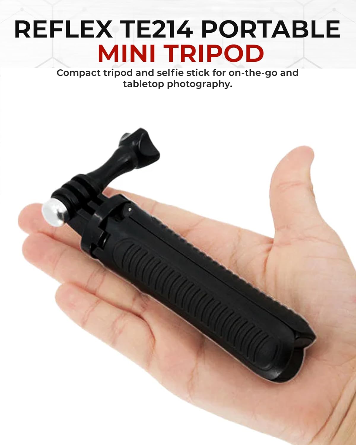Compact tripod shown in a hand to demonstrate pocket-size portability and travel convenience
