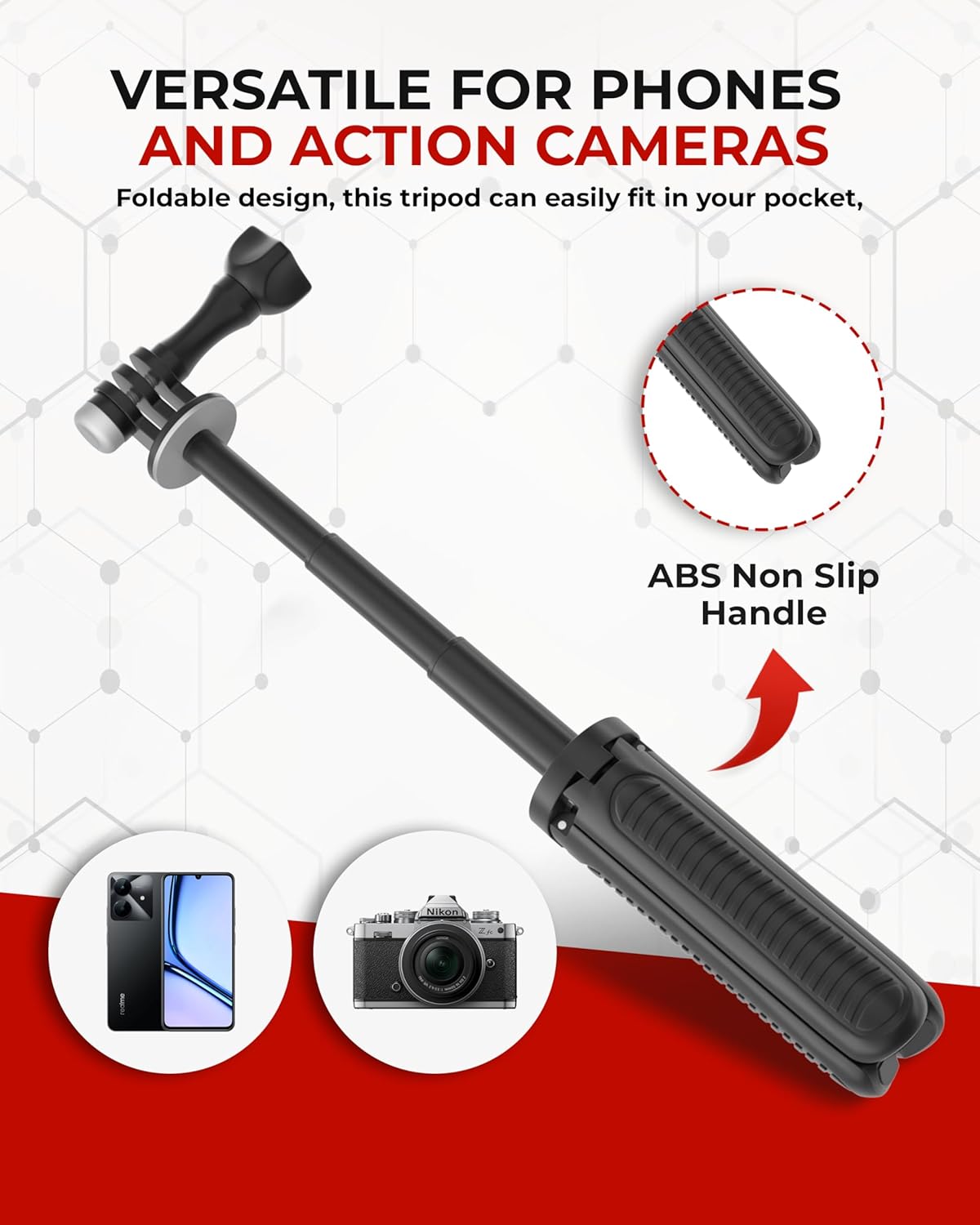 Close-up of Reflex Camera tripod’s ABS non-slip handle and compatibility with phones and cameras