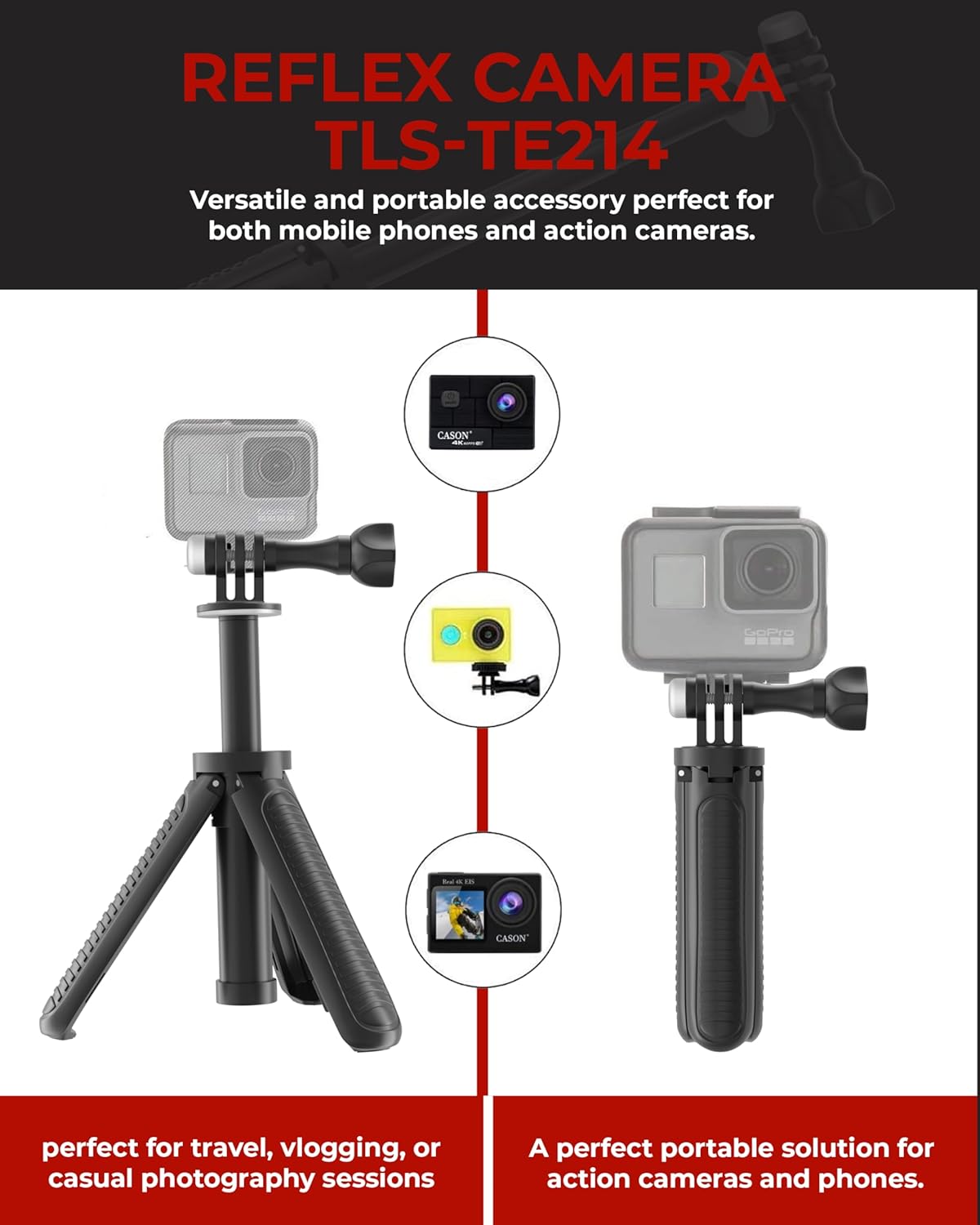 Mini tripod accessory for mobile phones and action cameras 